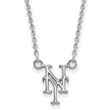 Rhodium Over Sterling Silver MLB LogoArt New York Mets N-Y Pendant Necklace
