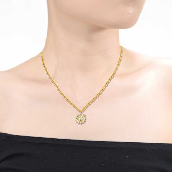 Vintage Shield CZ Pendant Curb Chain Necklace In 14K Gold Over Brass