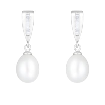 7-8mm White Cultured Freshwater Pearl and Cubic Zirconia Rhodium Over
Sterling Silver Earrings