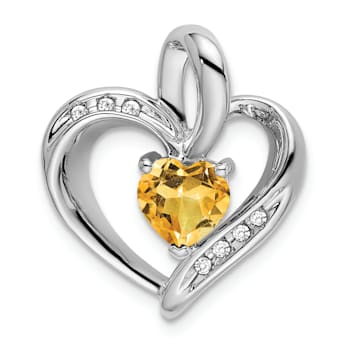 Rhodium Over 14k White Gold Citrine and Diamond Heart Pendant
