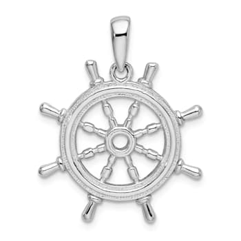 Rhodium Over Sterling Silver Polished Cut-out 3D Ships Wheel Pendant