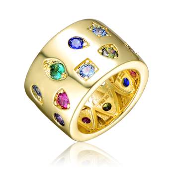Multi-Color CZ Wide Band Ring In 14K Gold Over Brass
