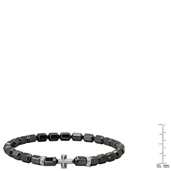 Black Hematite Cross Charm Beaded Stretch Bracelet In Sterling Silver