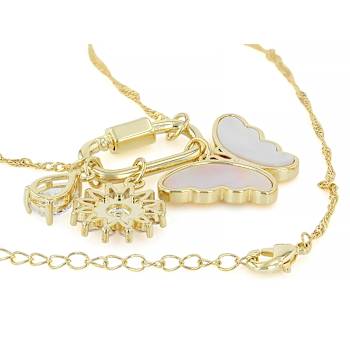 CZ Butterfly And Flower Charm Necklace In 18K Gold Over Brass 3.27ctw