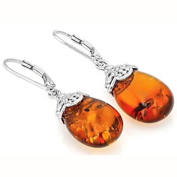 Amber Sterling Silver Dangle Earrings 17x11mm