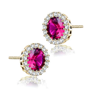 Ruby Color CZ Halo Stud Earrings In 14K Gold Over Sterling Silver