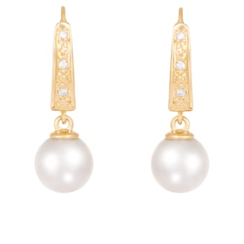 White Cultured Akoya Pearl 14k Yellow Gold Earrings 7-7.5mm