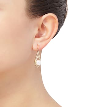 8-8.5mm Round White Freshwater Pearl with 0.17ctw Diamond 10K Yellow
Gold Drop Earrings