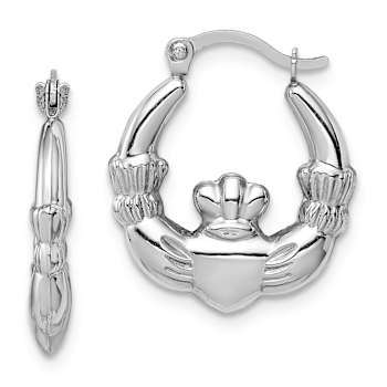Rhodium Over 14k White Gold Textured 11/16" Claddagh Hoop Earrings