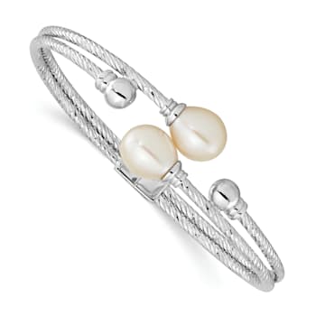 Rhodium Over Sterling Silver 8x10mm White Teardrop Freshwater Cultured
Pearl Hinged Bangle