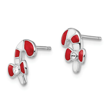 Rhodium Over Sterling Silver Enamel and Crystal Candy Cane Earrings
