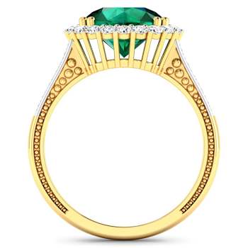 Round Green Emerald and Diamond 14K Yellow Gold Halo Ring 3.29 ctw