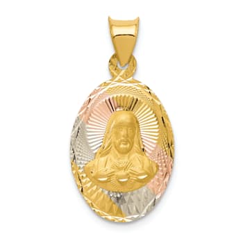 14K Yellow Gold with Rose and White Rhodium Diamond-cut Sagrado Corazon
Oval Pendant