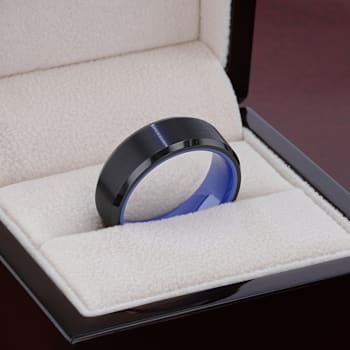 RIGEL Flat Beveled Edges Black Tungsten Ring with Brushed Center and
Vibrant Blue Ceramic Inside 8mm