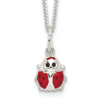 Sterling Silver Polished Black and Red Enameled Ladybug Children's Necklace
