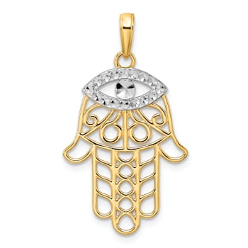14k Two-tone Gold Diamond-Cut Evil Eye Hamsa Pendant