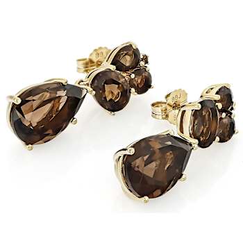 Smoky Quartz Dangle Earrings In 18K Gold Over Sterling Silver 18.13ctw