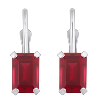 6x4mm Emerald Cut Lab Created Ruby Rhodium Over 10k White Gold Drop Earrings