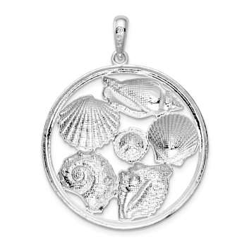 Rhodium Over Sterling Silver Polished Shells Large Round Pendant