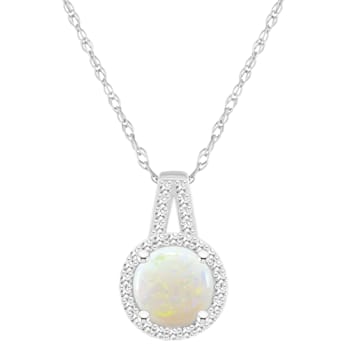 7mm Round Opal 1/7 ctw Diamond Rhodium Over Sterling Silver Halo Pendant
with Chain