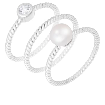 White Cultured Freshwater Pearl Rhodium Over Silver Ring