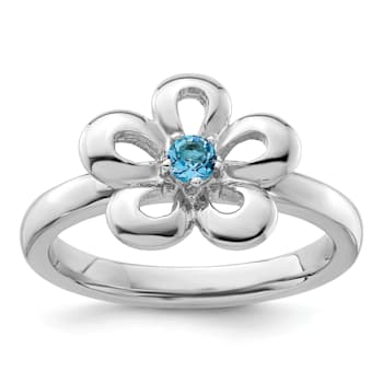 Sterling Silver Stackable Expressions Polished Flower Blue Topaz Ring 0.1ctw
