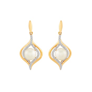 6.5-7mm Round White Freshwater Pearl with 0.19ctw Diamond 14K Yellow
Gold Drop Earrings