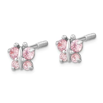 Rhodium Over 14K White Gold Polished Pink Cubic Zirconia Butterfly Post Earrings