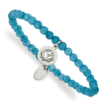 Stainless Steel Polished Lotus Blue Jade Beaded Stretch Bracelet