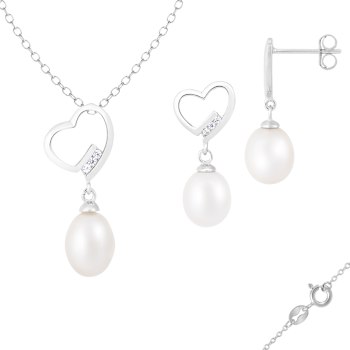7-9mm Drop White Freshwater Pearl and CZ Rhodium Over Sterling Earring
and Pendant W/Chain Set