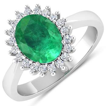 1.19ctw Green Emerald and Diamond 14K White Gold Halo Ring