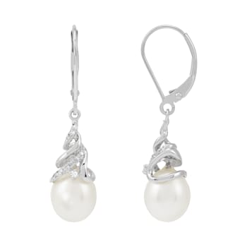10x8mm Oval White Freshwater Pearl with 0.07ctw Diamond 14K White Gold
Drop Earrings