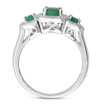 Emerald and Diamond 14k White Gold 3-Stone Design Ring 0.95ctw