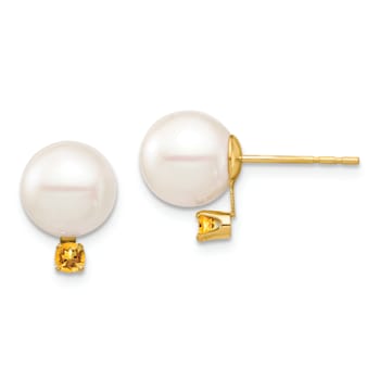 14K Yellow Gold 8-8.5mm White Round Freshwater Cultured Pearl Citrine
Post Earrings