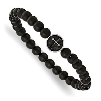 Stainless Steel Antiqued and Polished Black Agate Cross Stretch Bracelet