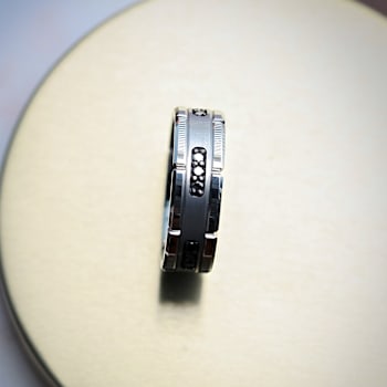 VALOR Grooved Tungsten Ring with Silver Inlay & Black Diamonds - 8mm