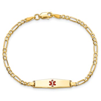 14k Yellow Gold Medical Soft Diamond Shape Red Enamel Figaro Link ID Bracelet