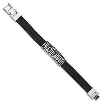 Black Leather and Stainless Steel Textured Enamel ID 7.5-inch with
.5-inch Extension Bracelet