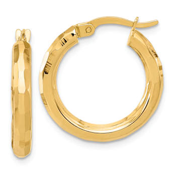 14k Yellow Gold 7/8" Polished and Diamond-Cut Hoop Earrings