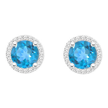 6mm Round Blue Topaz 1/5 ctw Diamond Rhodium Over Sterling Silver Halo
Stud Earrings