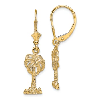 14K Yellow Gold Textured Palm Tree Dangle Earrings