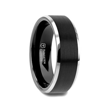 ASTON Black Brushed Center Tungsten Ring with Polished Beveled Edges 7mm