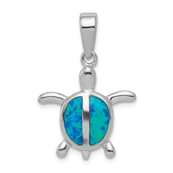 Rhodium Over Sterling Silver Lab Created Blue Opal Turtle Pendant