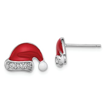 Rhodium Over Sterling Silver Enamel/Crystal Santa Hat Post Earrings