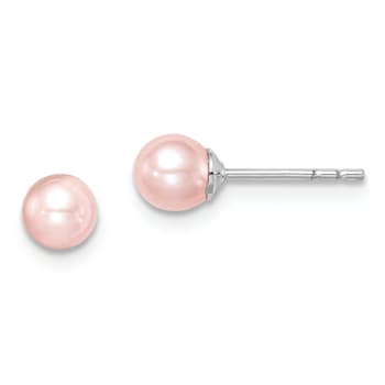 Rhodium Over Sterling Silver 4-5mm Pink Round FWC Pearl Stud Earrings