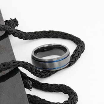 SHERIFF Domed Black Titanium Brushed Finish Men’s Wedding Ring with Blue
Grooves 8mm