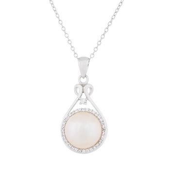 10-11mm Button White Cultured Freshwater Pearl and CZ Rhodium Over
Sterling Silver Pendant