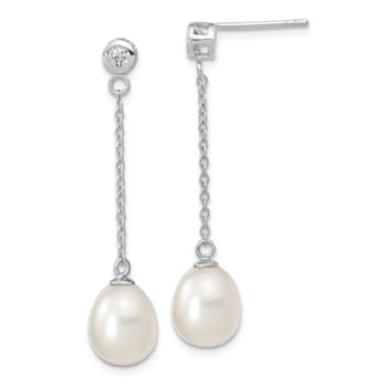 Rhodium Over Sterling Silver 8-9mm Rice Freshwater Cultured Pearl CZ
Post Dangle Earrings