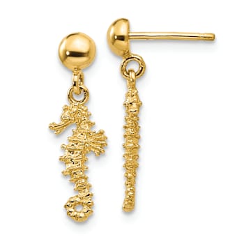 14k Yellow Gold 3D Textured Mini Seahorse Dangle Earrings