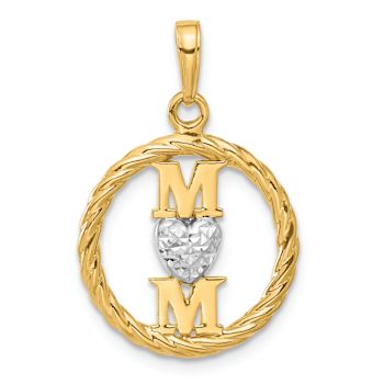 14k Two-tone Gold Diamond-cut Heart Mom Pendant
